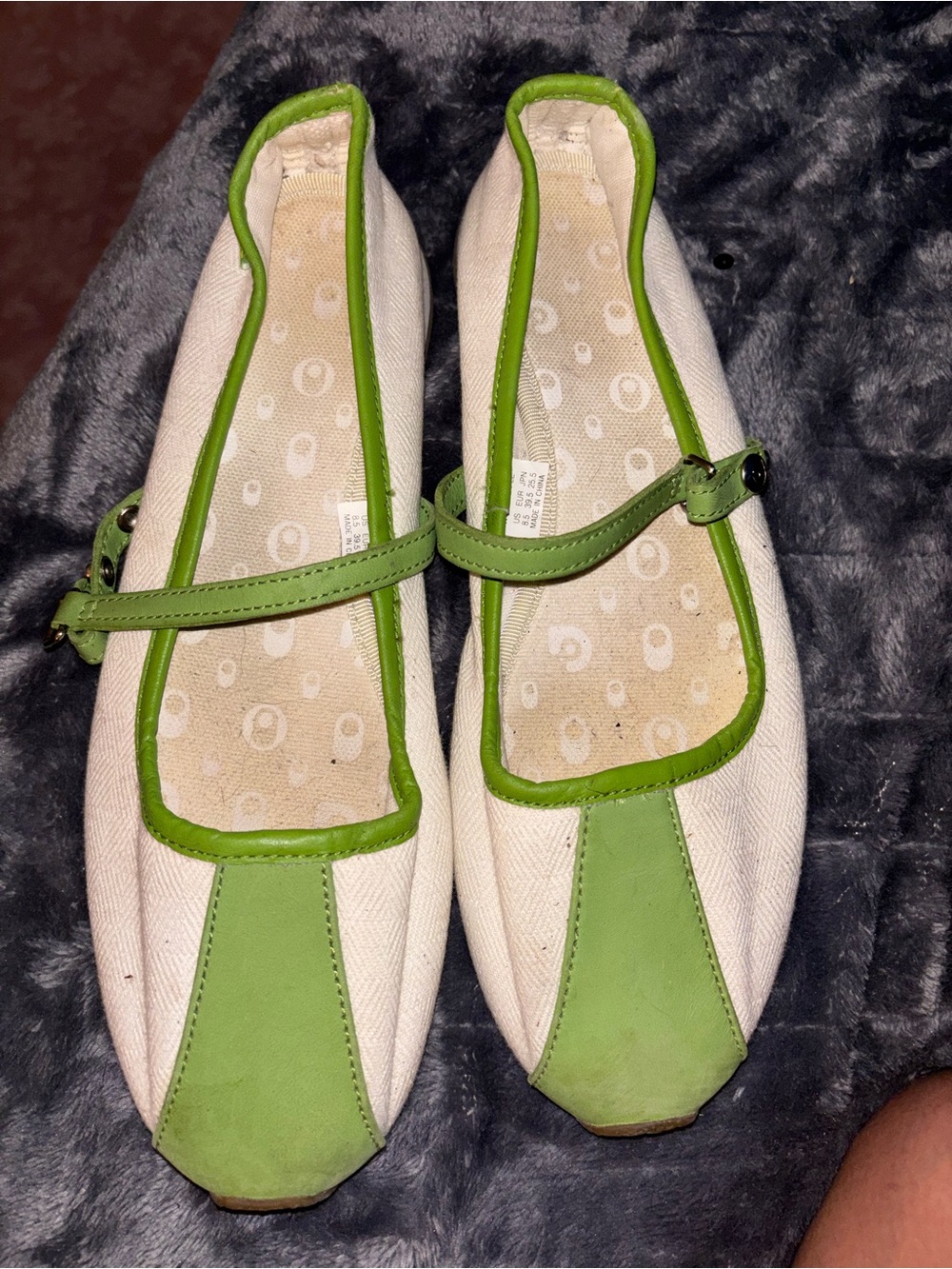 Cream Canvas Mary Jane Flats with Green Trim